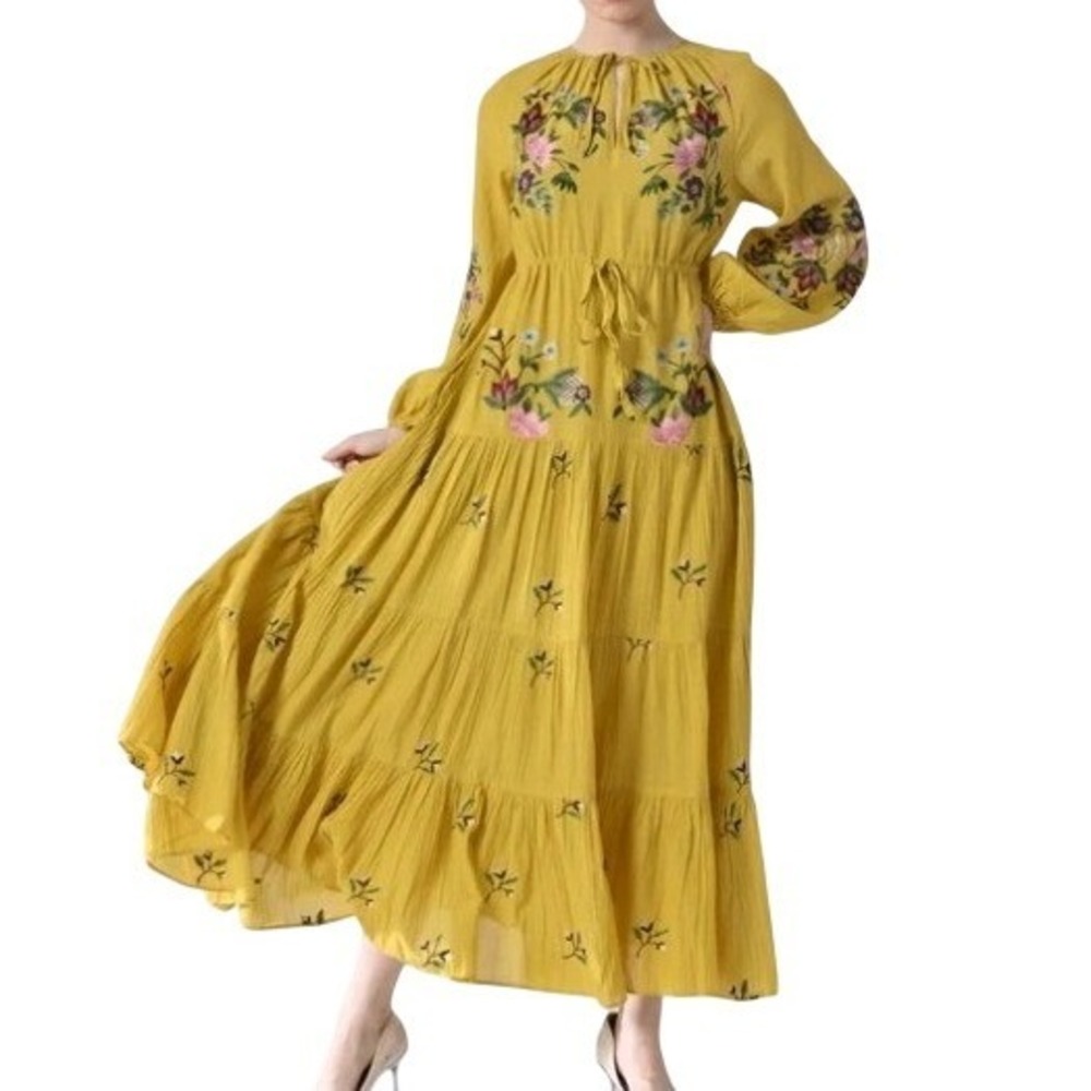 Samant Chauhan Anthropologie Tiered‎ Dress Floral Embroidered Maxi MSRP $500 2X